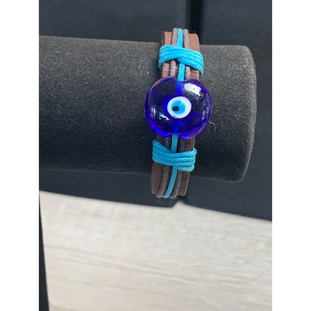 Evil Eye Leather Cord Bracelet Blue Glass Charm Adjustable Boho Talisman